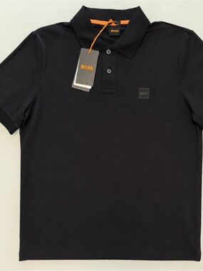 Boss Men's Black Polo with Subtle Logo and Orange Trim